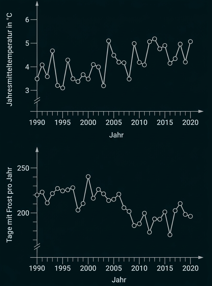 Zwei Liniendiagramme zeigen Jahresmitteltemperatur und Frosttage pro Jahr von 1990 bis 2020.